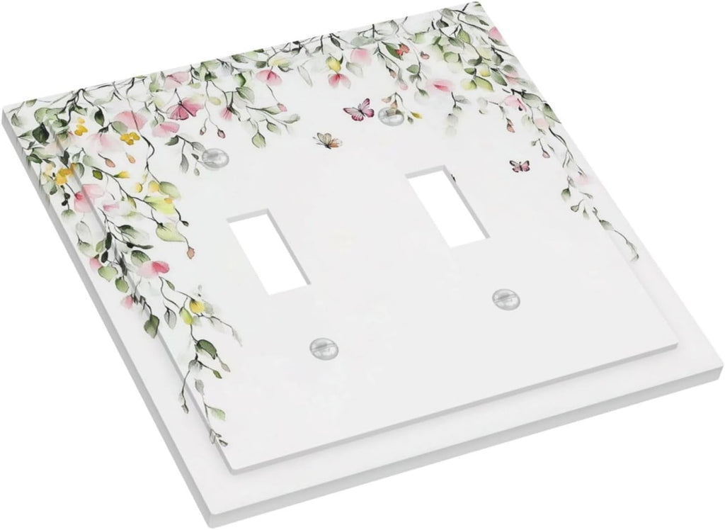 Watercolor Flowers Vine Colorful Butterfly Floral Decorative Switch Plates 2 Gang Double Toggle Outlet Light Switch Cover Wall Plate Electrical Faceplate For Bed Room Living Room Decor