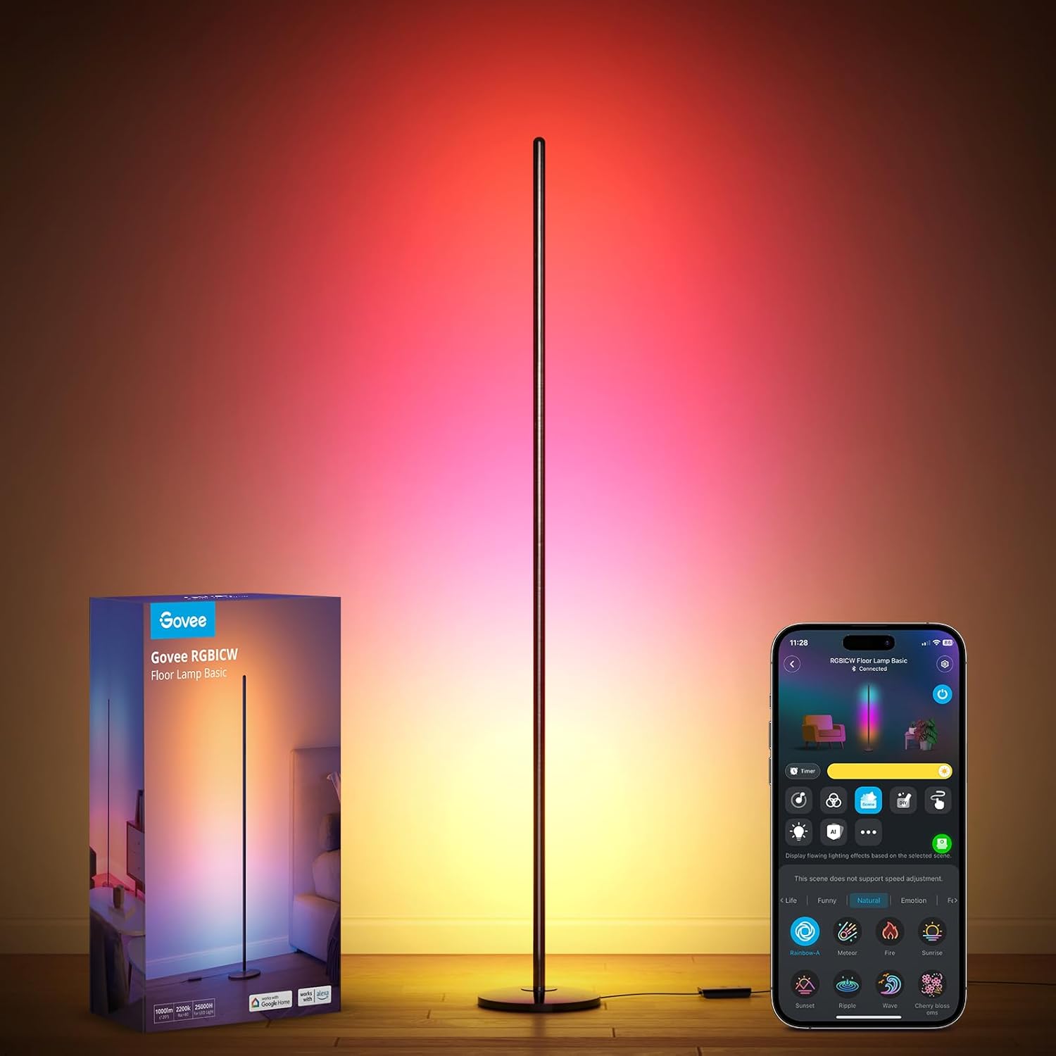 Govee RGBIC Floor Lamp Basic, LED Corner Lamp Works with Alexa, 1000 Lumen Smart Modern Floor Lamp with Music Sync and 16 Million DIY Colors, Color Changing Standing Lamp for Bedroom Living Room Black
