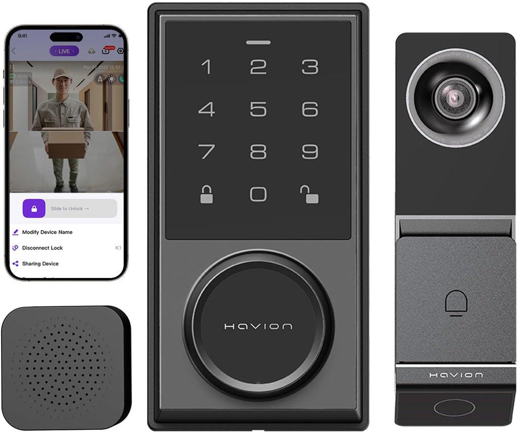 Wireless Video Doorbell w/ Smart Lock Set - Incl. Chime, Dual Cameras, 5MP 3K QHD, 2'' Screen & 32GB eMMC, Motion Detection & Real-time Alert, 2-way Audio, Door Bell and Keyless Entry Front Door Lock