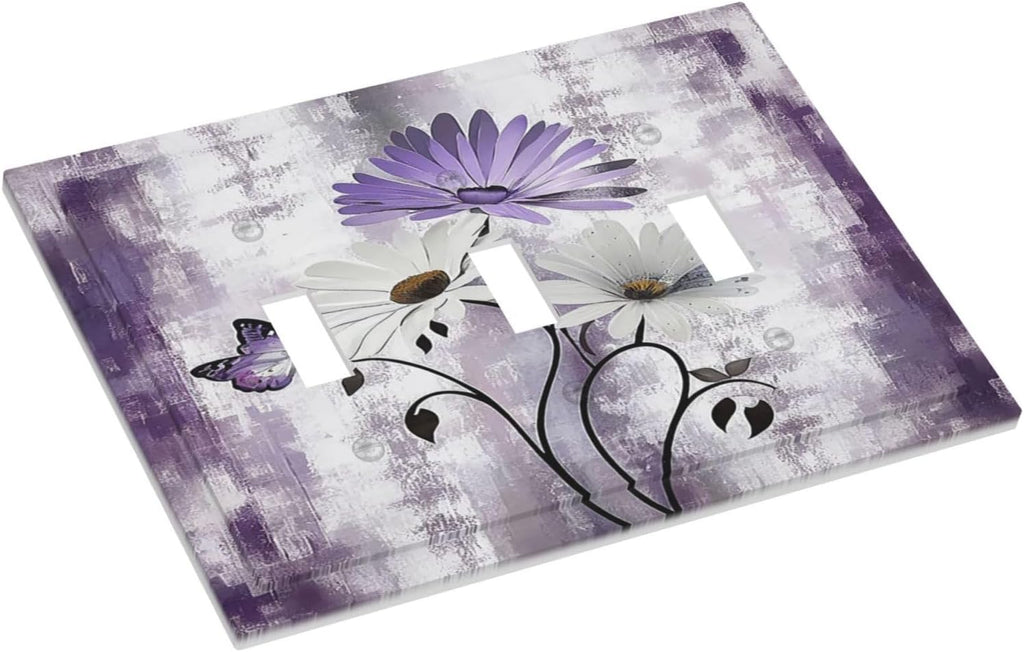 Light Switch Covers Purple Daisy White Floral Butterfly Flowers 3 Gang Wall Plates Triple Toggle Outlet Cover Decorative Switchplates Electrical Panel Cover for Kitchen Living Room 4.8 X 6.7 IN