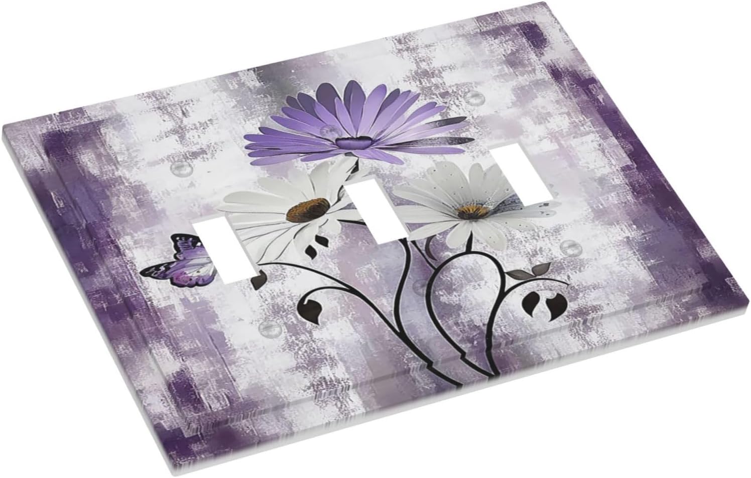 Light Switch Covers Purple Daisy White Floral Butterfly Flowers 3 Gang Wall Plates Triple Toggle Outlet Cover Decorative Switchplates Electrical Panel Cover for Kitchen Living Room 4.8 X 6.7 IN