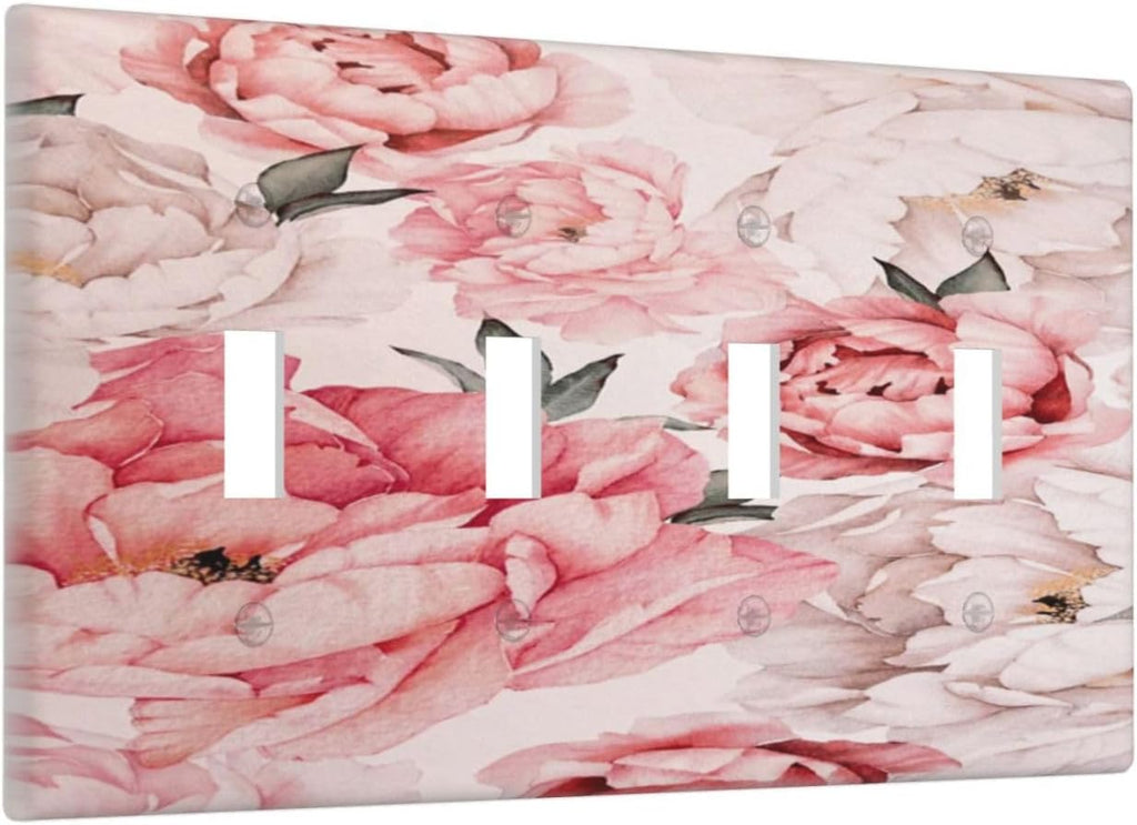 Decorative Light Switch Plate Covers Ink Pink Peony Flower Rustic Floral 4 Gang Light Switch Cover Quad Toggle Wall Plate Outlet Covers for Home Bedroom Decor