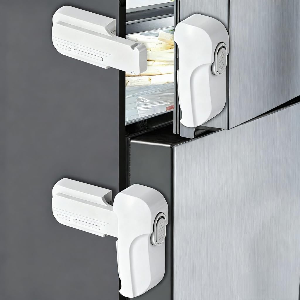 Fridge Locks for Kids - Fridge Lock & Refrigerator Lock, 2-Pack Dual Mode Child Proof Safety Lock, No-Drill 2 Extra Adhesive Freezer Lock & Freezer Door Latches to Keep Toddlers Safe (White)