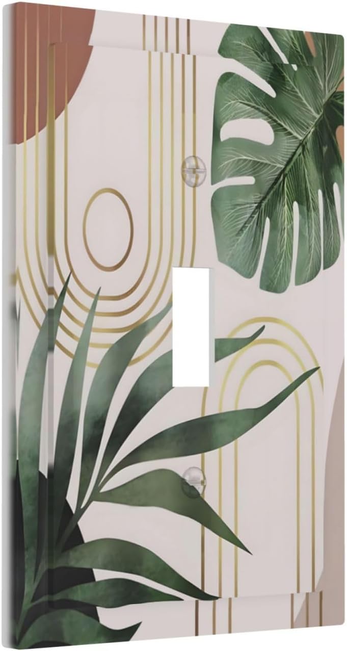 Decorative Light Switch Plate Covers Boho Mid Century Arch Green Leaves 1 Gang Light Switch Cover Plate Single Toggle Wall Plate Outlet Covers Faceplate for Bedroom Decor （ 2 Pack）