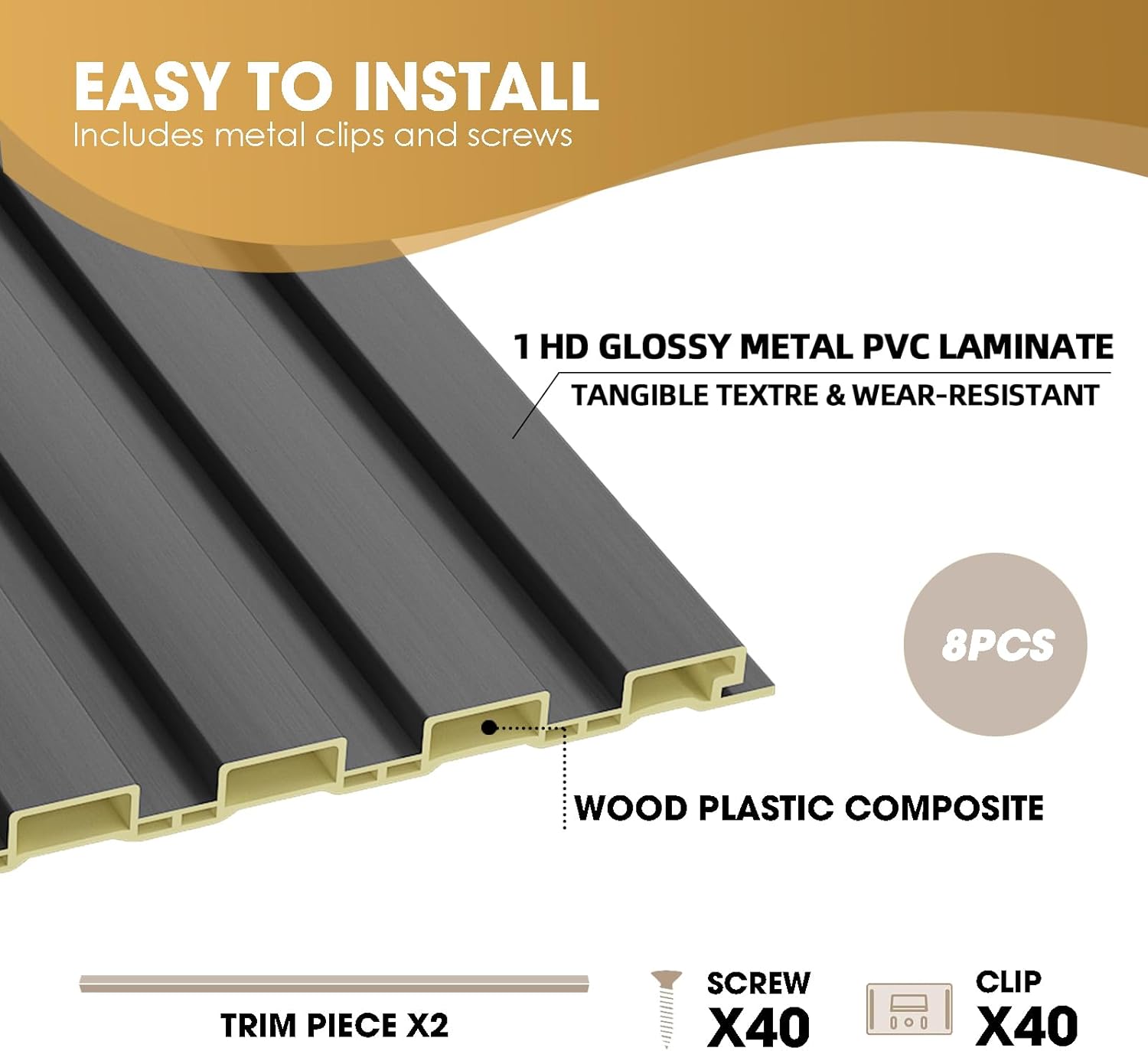 OUZUGIE WPC Acoustic Slat Wall Paneling, 8-Pack 96 x 6 Inches 3D Wall Panels for Interior Wall Decor,Living Room,TV Background,Study Room,Office Spaces,Bedroom,Low Grille (Metallic Dark Gray)