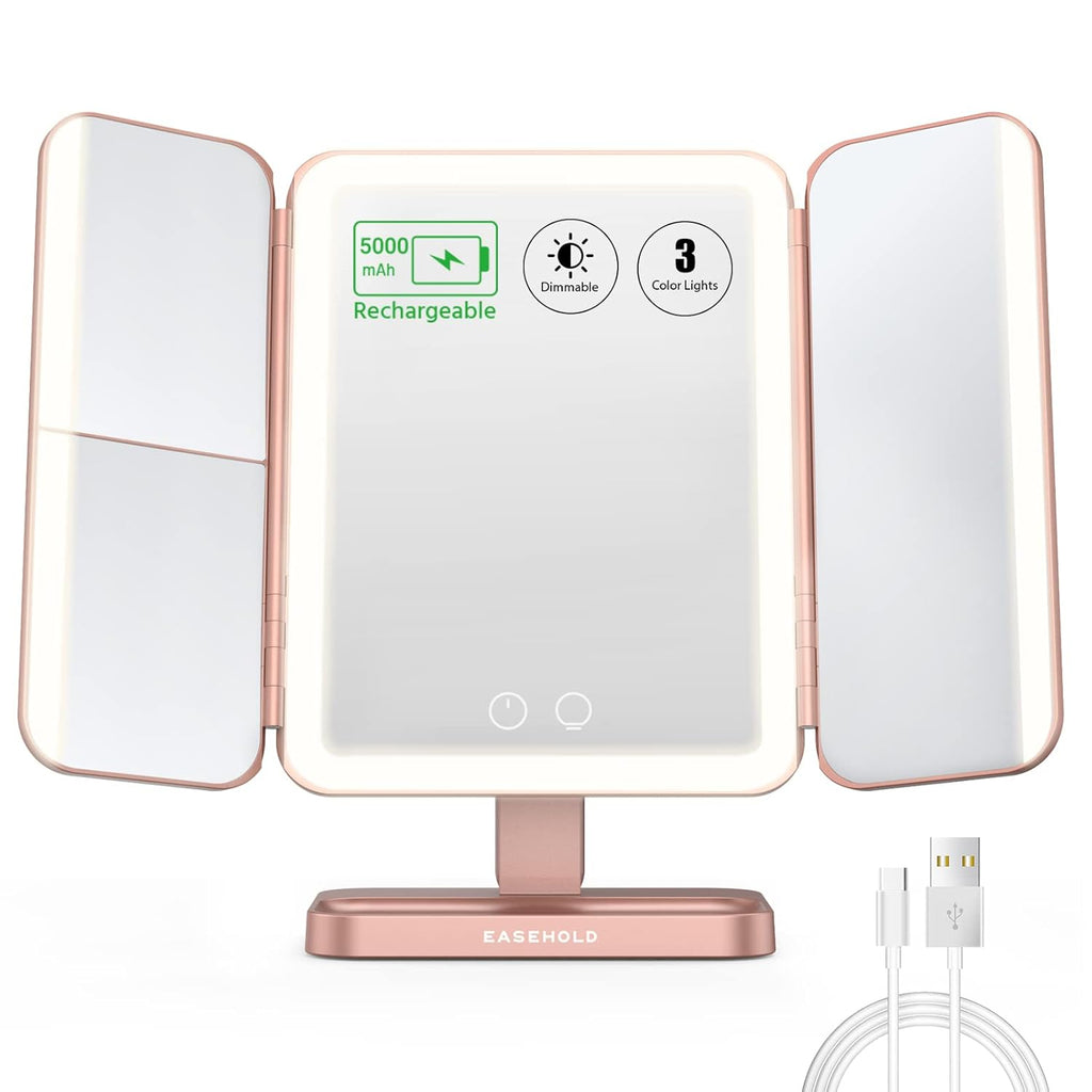 EASEHOLD Rechargeable Vanity Mirror with Lights, 116 LEDs Make up Mirror, 3-Color Lighted Makeup Mirror, 2X/3X/10X Magnification, 5000 mAh, Touch Sensor, Light up Mirror, Gifts for Women