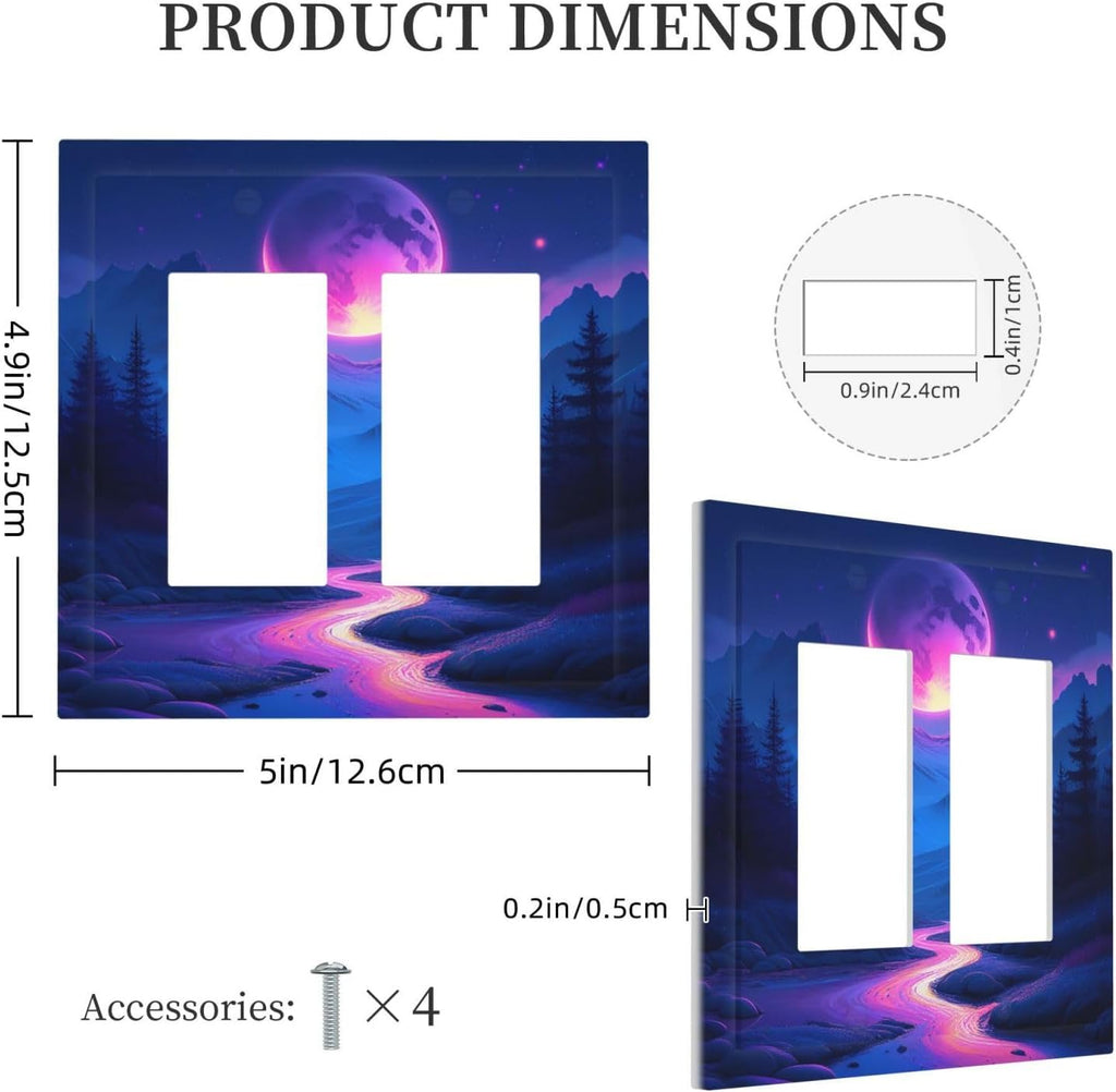 Purple Cyberpunk River Full Moon Mountain Forest Decorative Outlet Covers 2 Gang Double GFCI Rocker Light Switch Cover Plate Electrical Wall Panels for Bedroom Bathroom Decor
