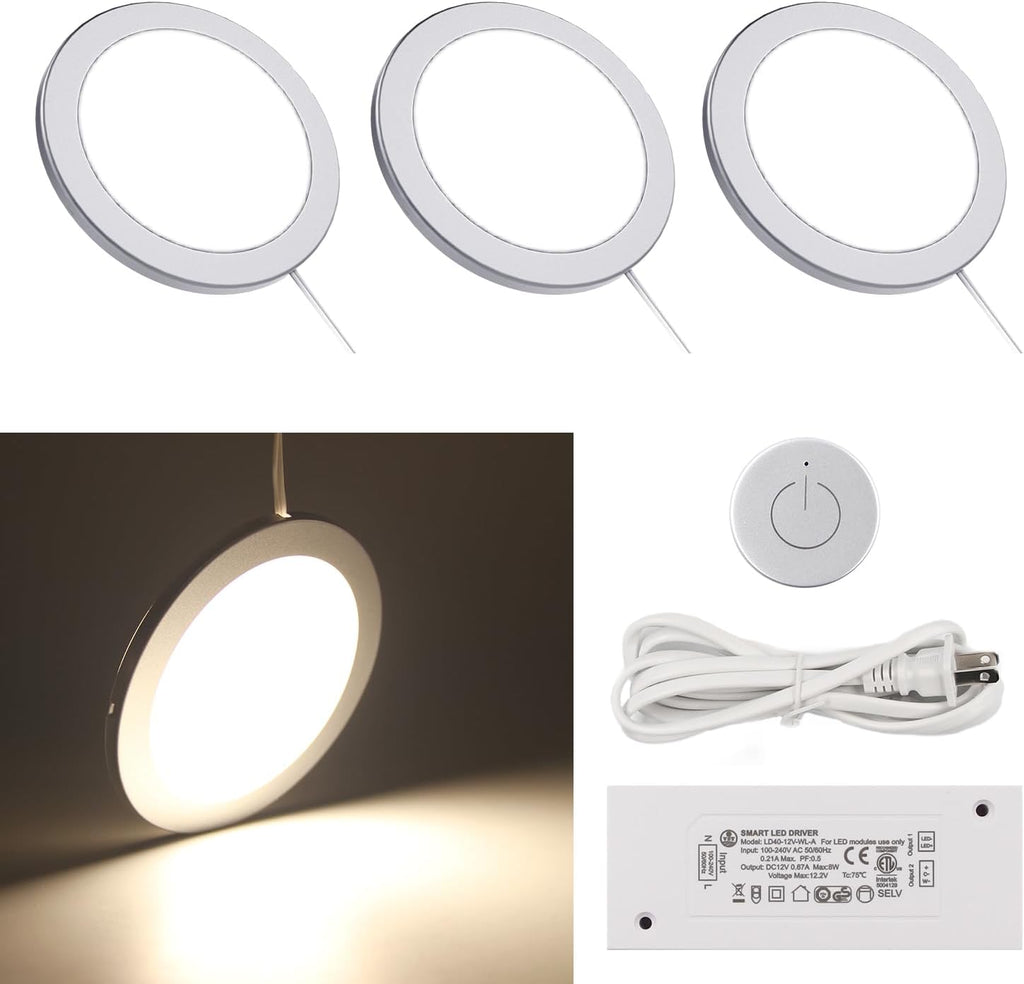 VST Under Cabinet Mini Panel Lighting 3PCS 3.94inch 12V 2.5W(Total 7.5W) with Wireless Dimmer Switch, Surface Mount Puck Light for Kitchen Van Truck Car Galley Downlight (Round White4000K)