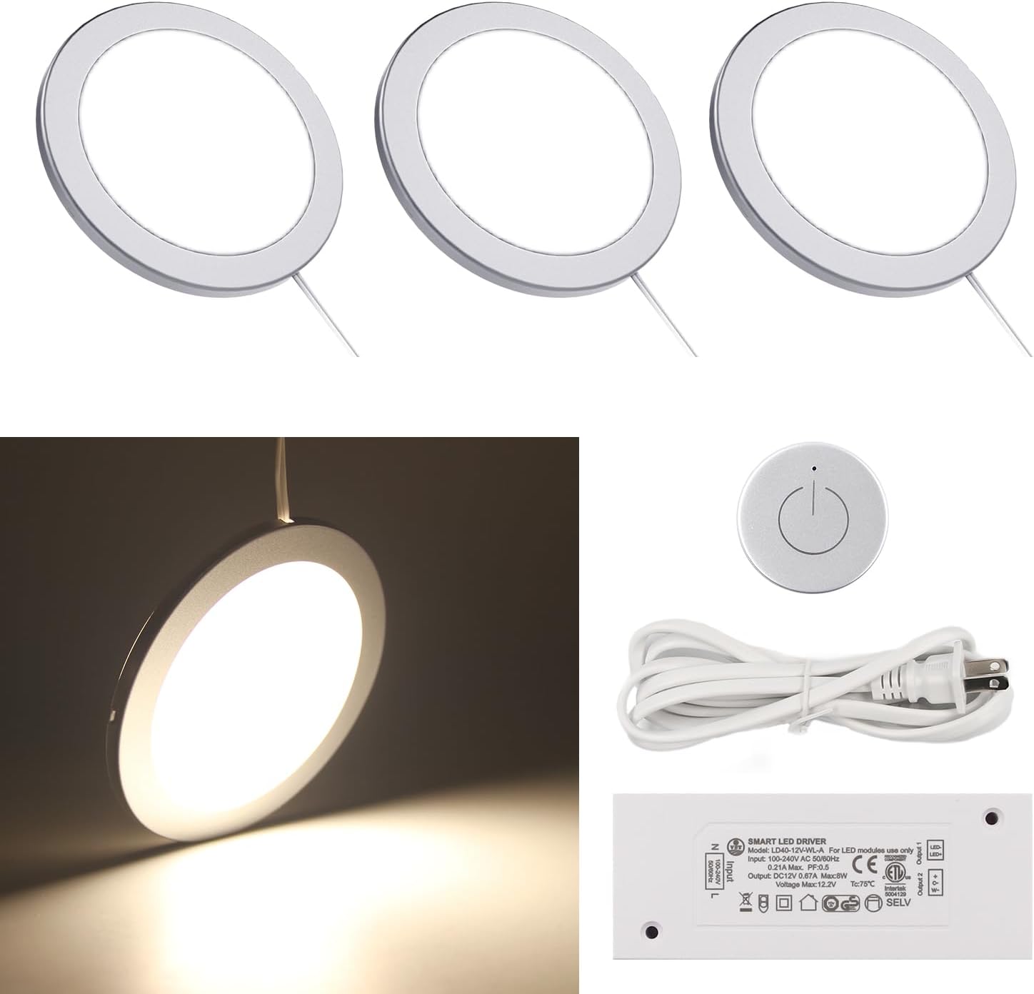 VST Under Cabinet Mini Panel Lighting 3PCS 3.94inch 12V 2.5W(Total 7.5W) with Wireless Dimmer Switch, Surface Mount Puck Light for Kitchen Van Truck Car Galley Downlight (Round White4000K)