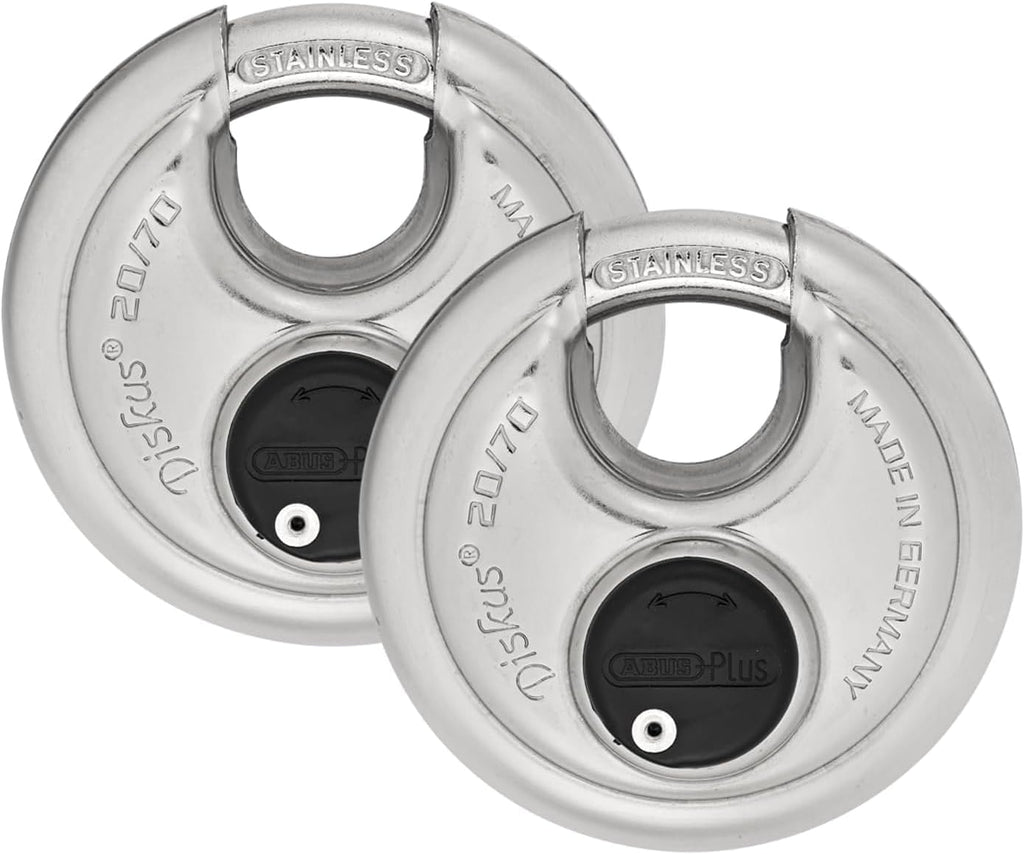 ABUS - Diskus 20/70 Padlock with Key - 2 Pack (2.75") 70mm - Heavy Duty Stainless Steel - Cut, Rust & Drill Resistant - Storage & Outdoor - Pad Lock with 2 Keys (Keyed Different) - Locker Lock