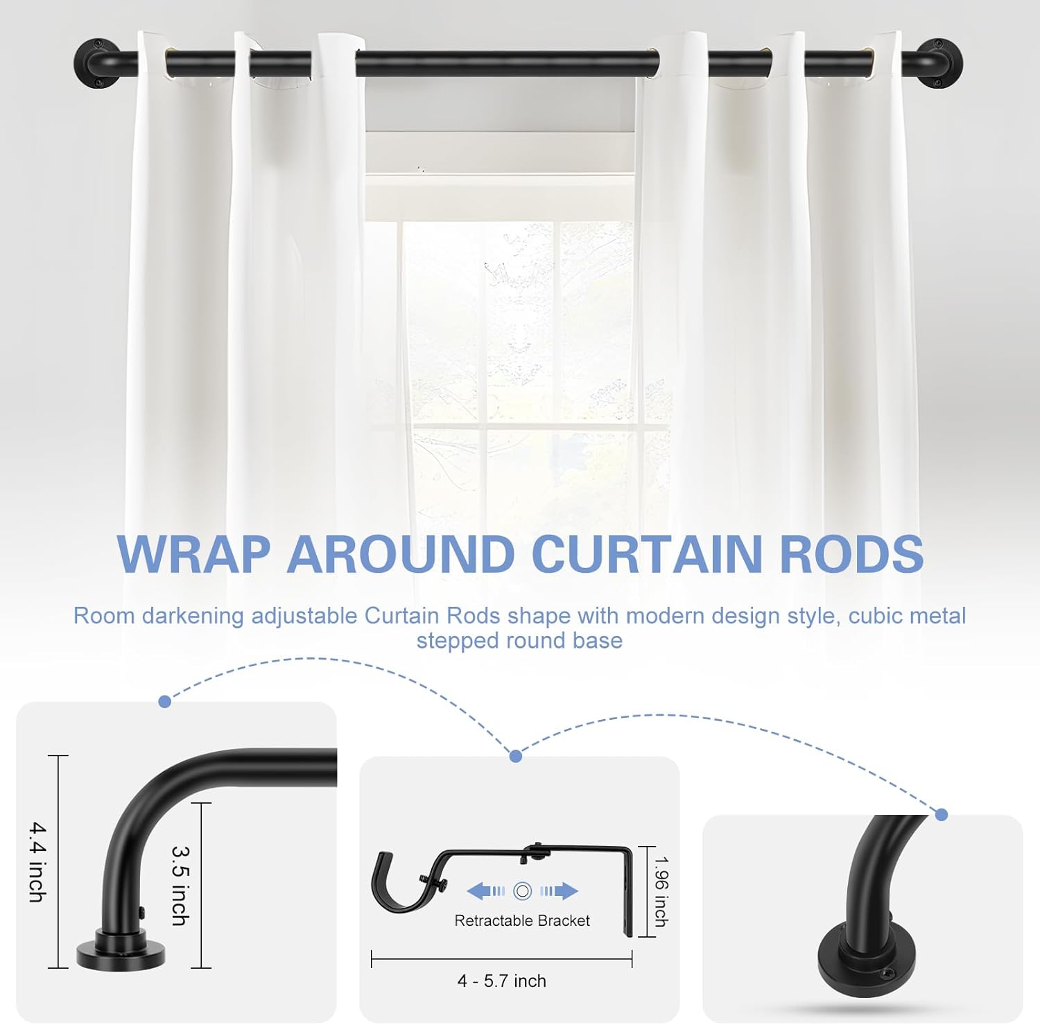Black Wrap Around Curtain Rods 48 to 90 Inch:Blackout Heavy duty Adjustable Window Curtain Rod for Bedroom,Industrial Darkening Curved French Metal Single Drapery Rods Easy Install,Matte Black