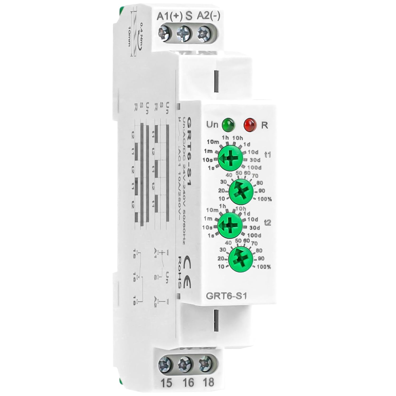 Asymmetric Cycle Timer Relay 1SPDT AC 24V 240V 10A Long or Short Period Repeat Cycle Tntermittent Timer Electronic Relay in Din Rail (GRT6-S1 AC DC 24-240V)