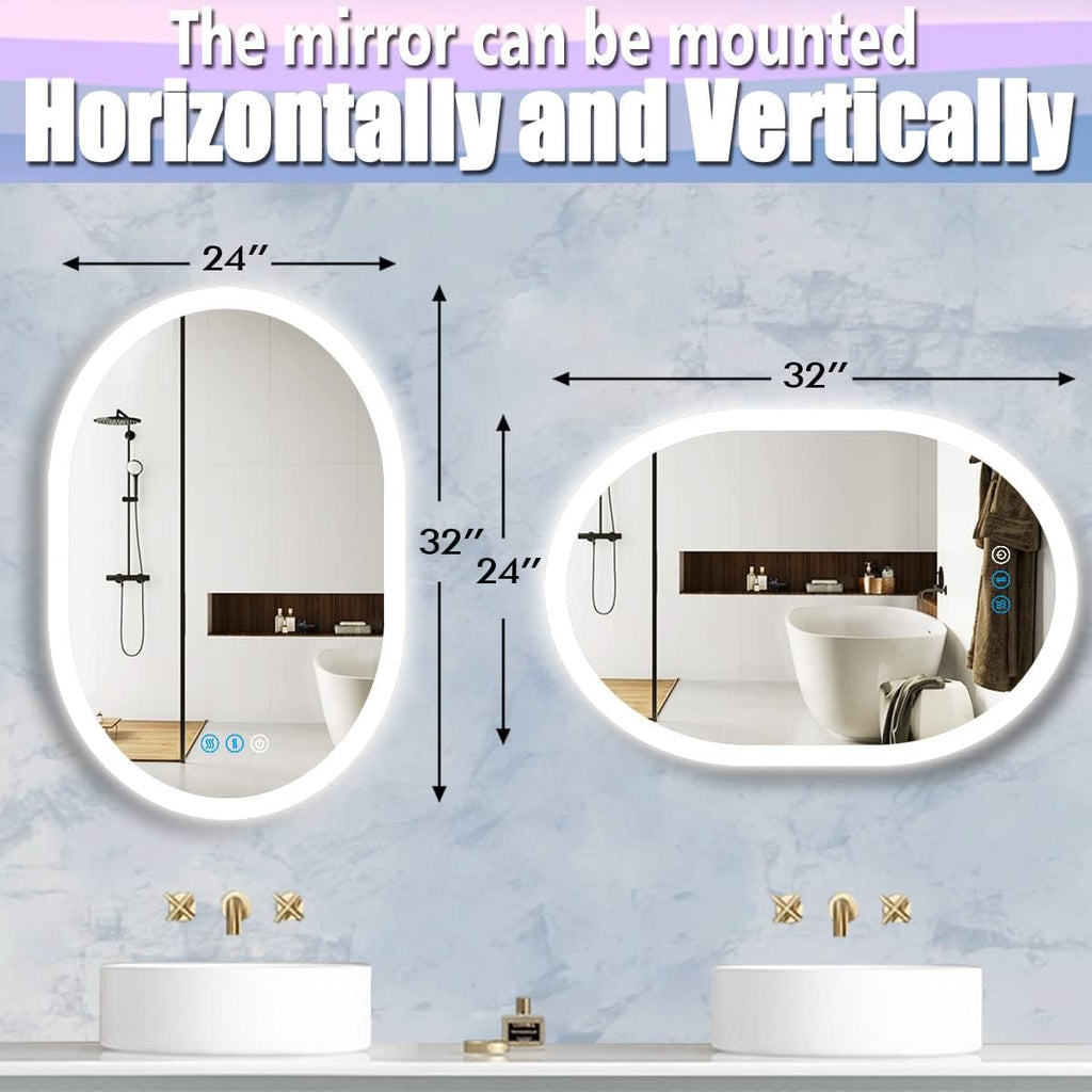 32 x 24 Inch Oval Backlit Mirror 3 Color Adjustable Brightness Backlits Oval Lighted Vanity Mirror for Bathroom Wall Horizontal Vertical Mount Antifog 32" Frameless LED Backlit Ovals Mirrors