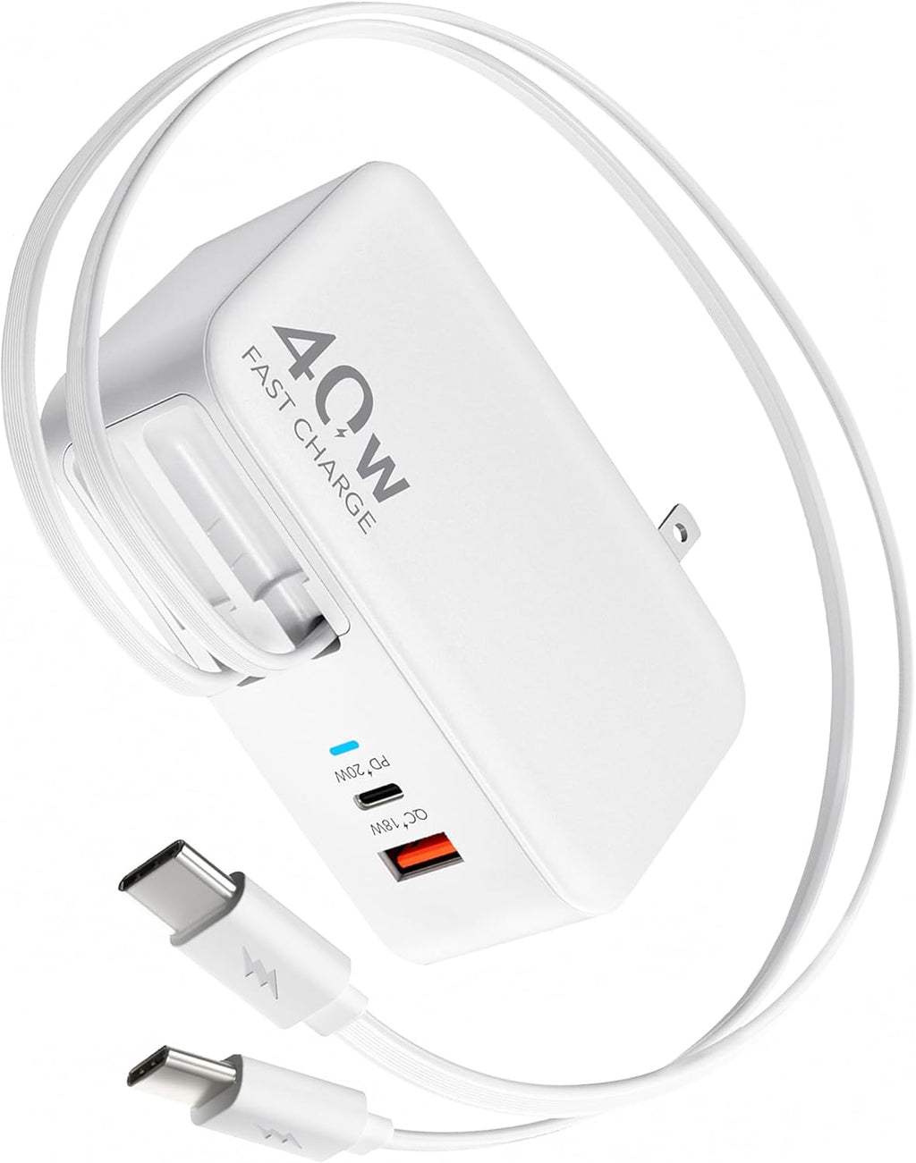 Retractable USB C Charger Wall Plug with Dual 35.5in/90cm Type C Cables Cords,40W Fast Charging Foldable Block Multi Charger for All Devices for iPhone 17/16/15/14/13/12,iPad,Galaxy,Pixel