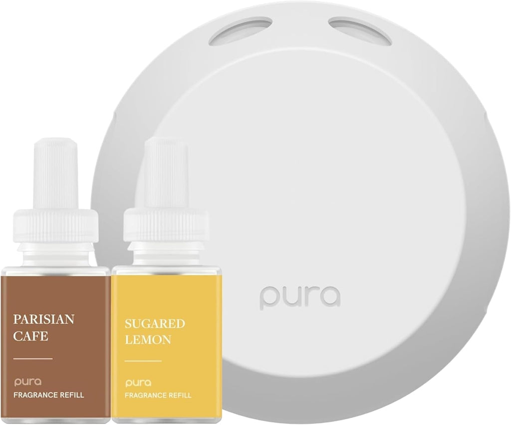 Pura - Smart Home Fragrance Device Starter Set - Pura 4 - Scent Diffuser for Home - Includes Fragrance Aroma Diffuser - Square Box, Parisian Cafe and Sugared Lemon Scent Refills