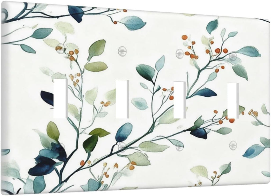Decorative Light Switch Cover Plate Eucalyptus Leaf Geen Sage Leaves 4 Gang Wall Plates for Electrical Outlets Quad Toggle Switch Plate Covers Outlet Covers Faceplate for Bedroom Home Decor