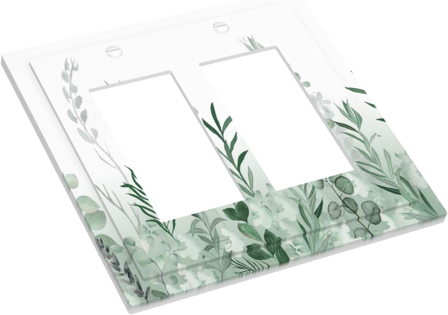 Watercolor Green Leaf Rustic Plant Eucalyptus Flowers Decorative Outlet Covers 2 Gang Double GFCI Rocker Electrical Wall Panels Light Switch Cover Plate for Bed Room Living Room Decor