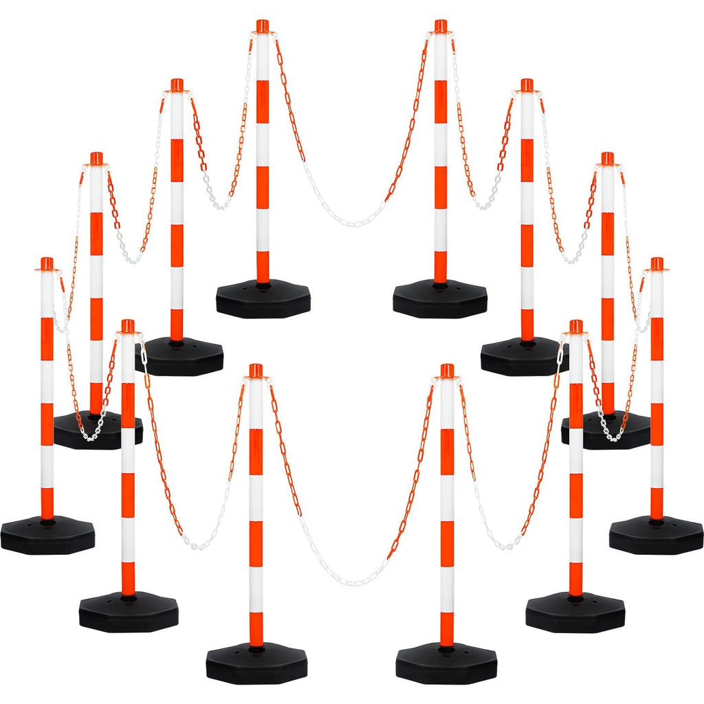 Amylove 12 Packs Traffic Delineator Post Cone with Base, Traffic Cones Safety Cones Caution Cones Plastic Stanchion Chain Safety Barriers with 6.6 Feet Link Chain and S Hooks for Parking Lot (Orange)