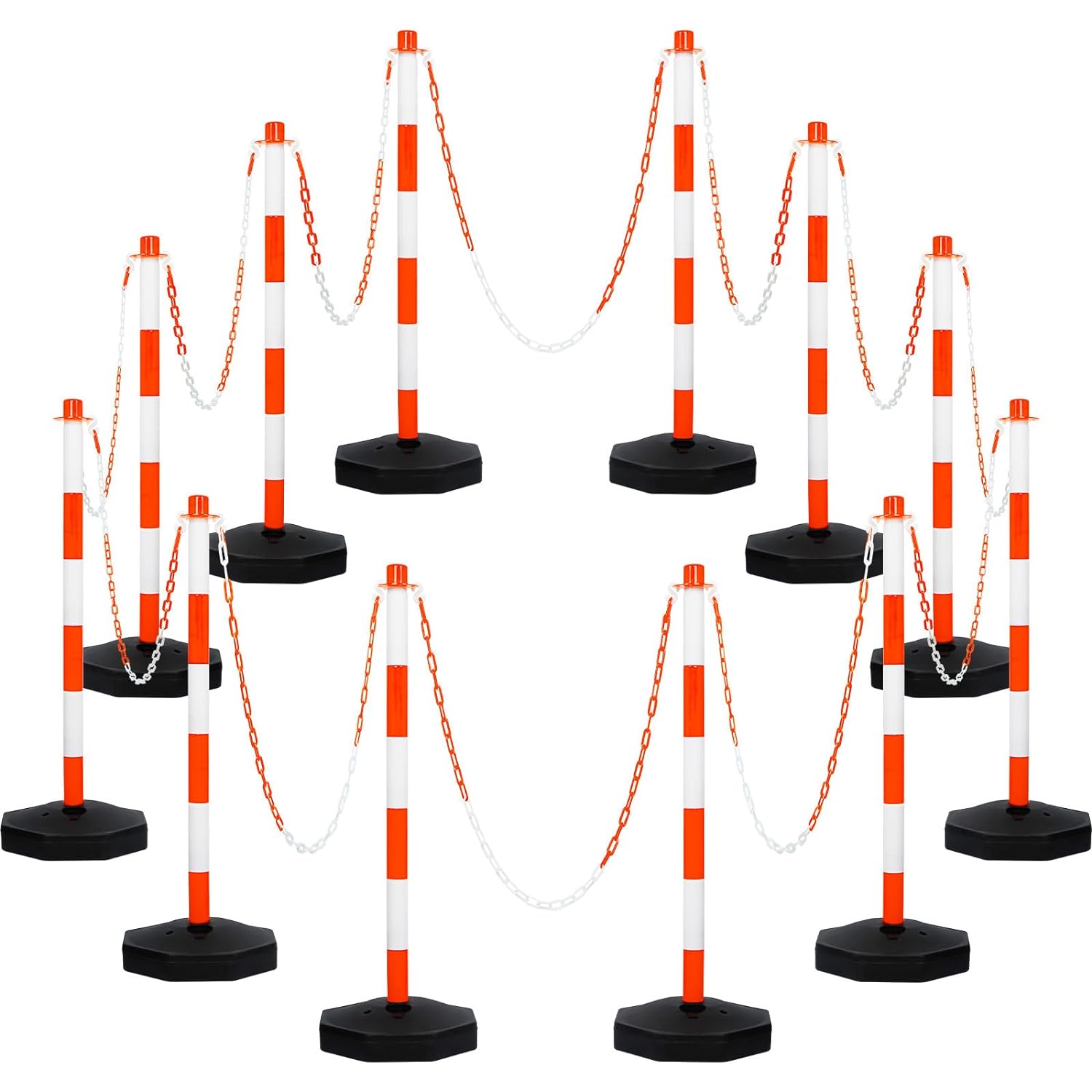 Amylove 12 Packs Traffic Delineator Post Cone with Base, Traffic Cones Safety Cones Caution Cones Plastic Stanchion Chain Safety Barriers with 6.6 Feet Link Chain and S Hooks for Parking Lot (Orange)