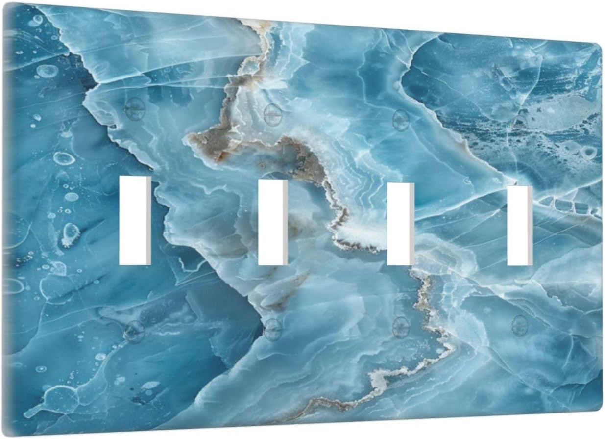Decorative Light Switch Cover Plate Abstract Watercolor Blue Marble Texture 4 Gang Wall Plates for Electrical Outlets Quad Toggle Switch Plate Covers Outlet Covers Faceplate for Home Decor