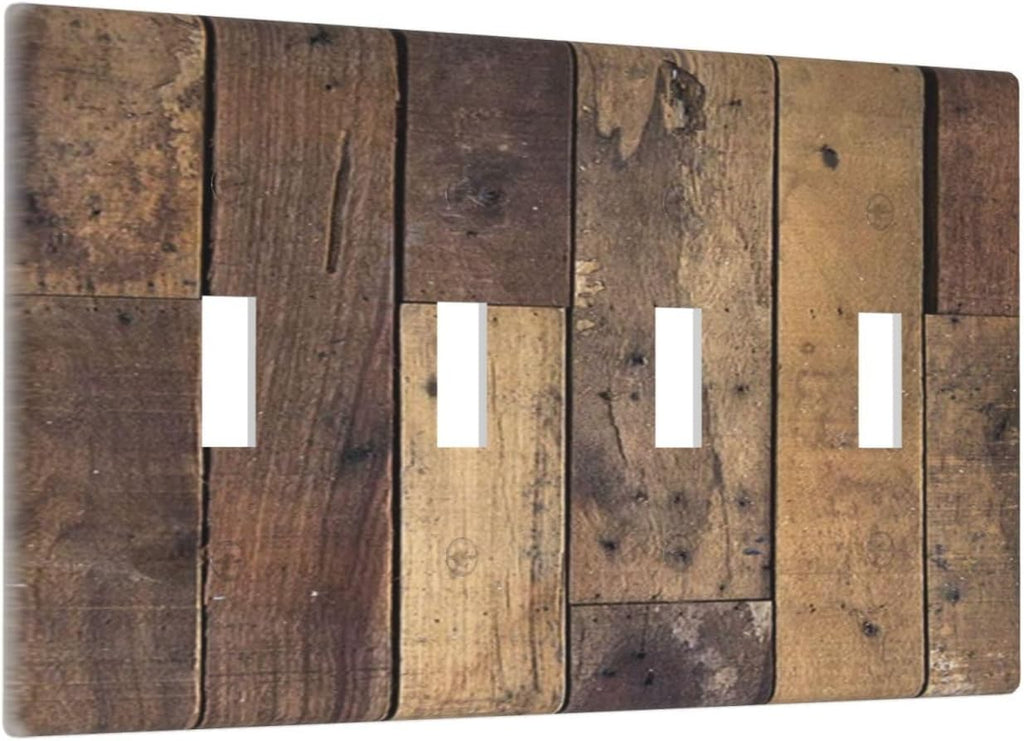 Cool Brown Wood Style Vintage Rustic Print Light Switch Covers Quad Toggle Electrical Faceplate 4 Gang Wall Plate Decorative Switch Plates for Farmhouse Home Decor