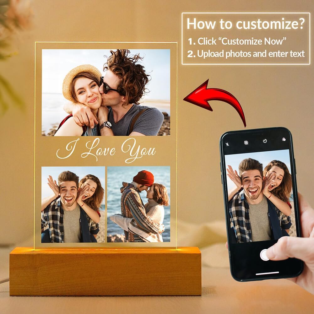 Custom Picture Frame with Photo, Personalized Photo Frames with Night Light, Customized Picture Frames, Personalized Valentines Day Gifts for Her Him Women Men Girlfriend Boyfriend Couple