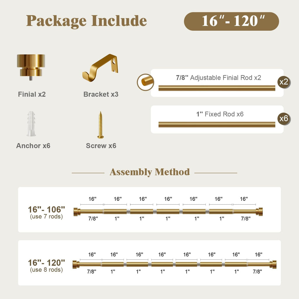 Oneach Heavy Duty Curtain Rods for Windows 66 to 120 Inch, 1 Inch Brass Gold Curtain Rod, Adjustable Length Rod with Metal Finials, Modern Decorative for Bedroom Kitchen Living Room (16 to 120 Inch)