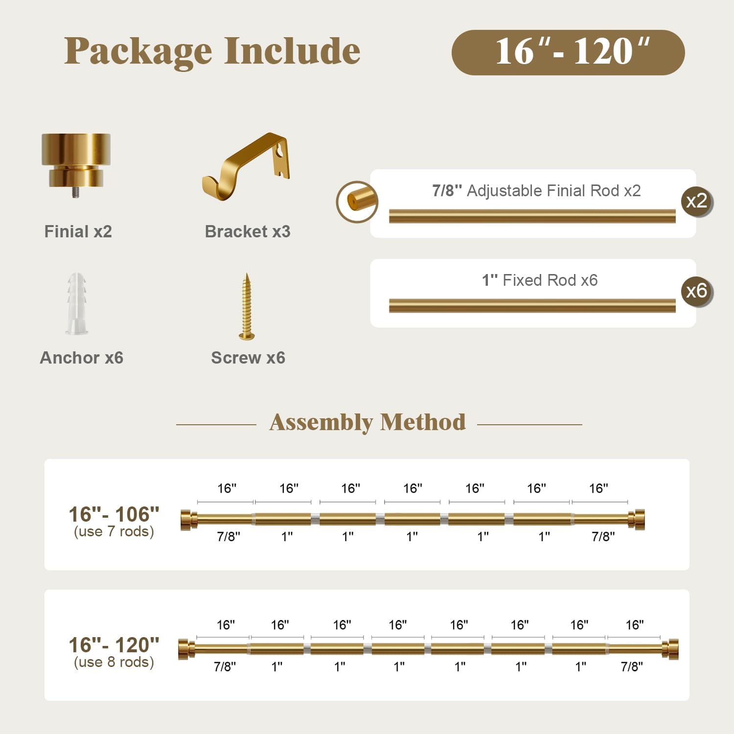 Oneach Heavy Duty Curtain Rods for Windows 66 to 120 Inch, 1 Inch Brass Gold Curtain Rod, Adjustable Length Rod with Metal Finials, Modern Decorative for Bedroom Kitchen Living Room (16 to 120 Inch)