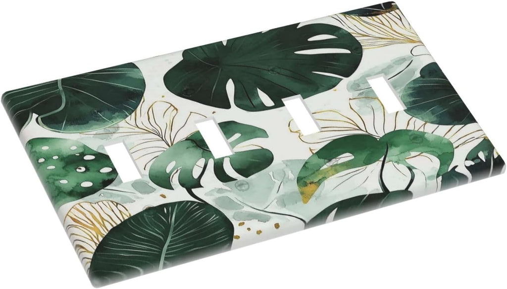 Boho Tropical Green Leaf Watercolor Banana Leaves Light Switch Covers Quad Toggle Electrical Faceplate 4 Gang Wall Plate Decorative Switch Plates For Bed Room Living Room Decor