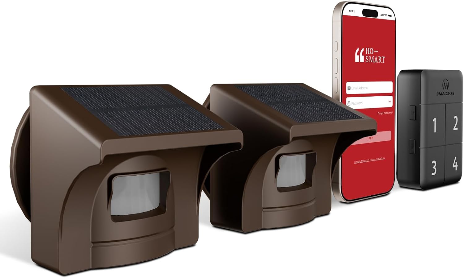 eMACROS Pro 4 Solar Driveway Alarm with App, 1/2 Mile Wireless Range, Motion‑Triggered Alerts for Long Driveways, Works with Existing Home Cameras, Rechargeable Base Station (1 Base & 2 Sensors)