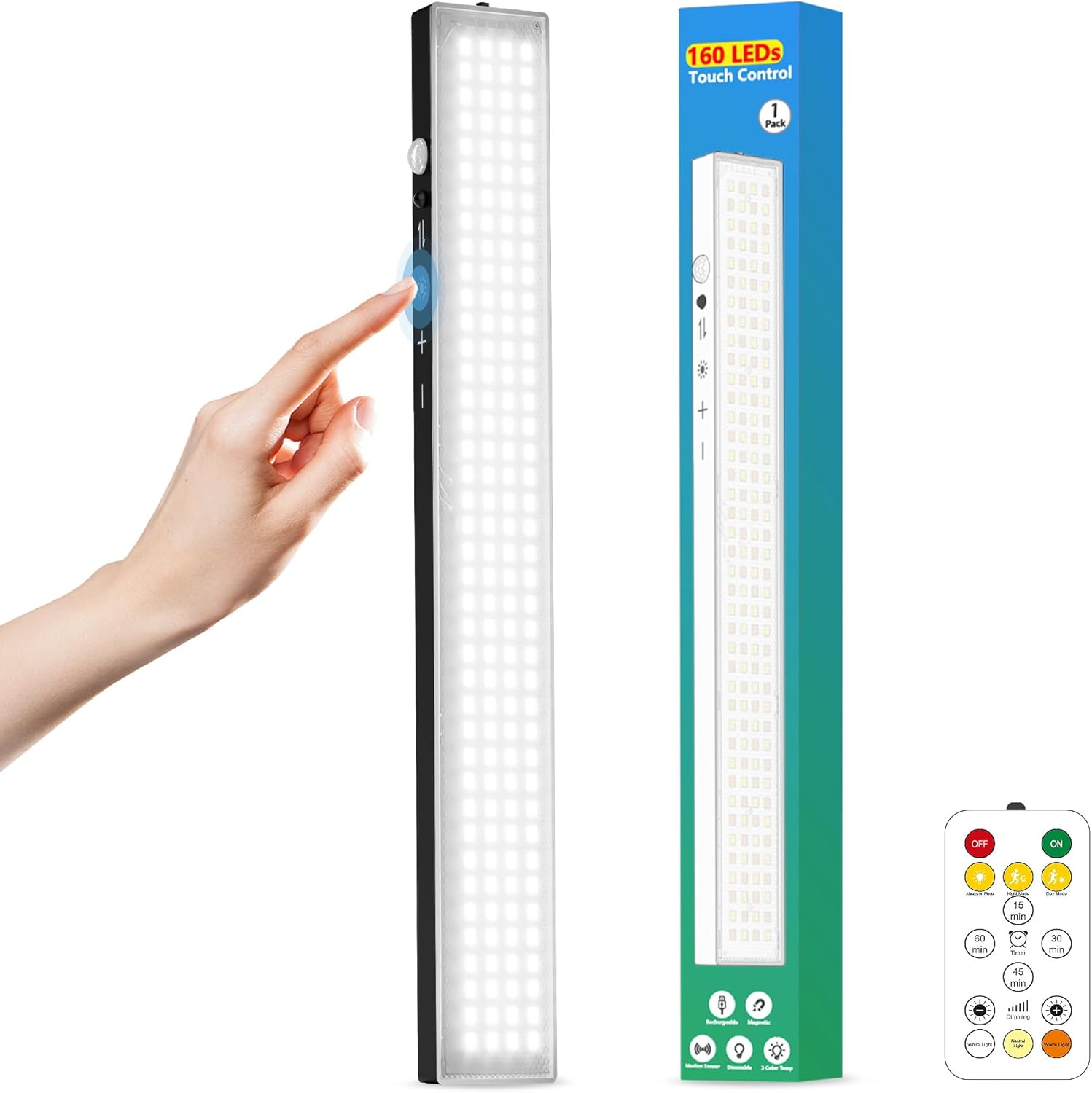 160LEDs Touch-Control Under Cabinet Lighting w/4000mAh Battery, Cordless Motion Sensor Under Counter Lights for Kitchen, Magnetic Rechargeable Closet Lights - 1Pack/Black, 2025 Fall