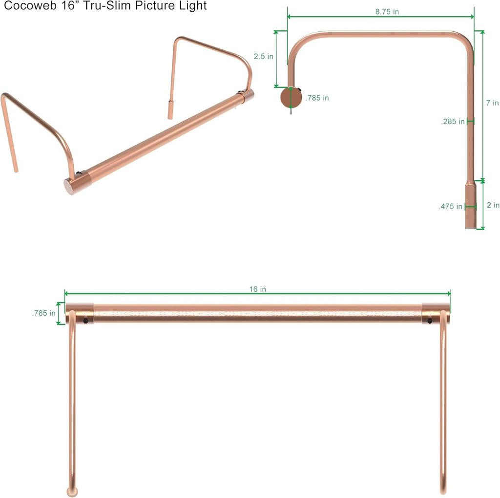 Cocoweb 16 Inch Tru-Slim Copper Picture Light - LED, 2700K, Adjustable Arm, Plug-in, Toggle Switch, Sleek and Compact Design