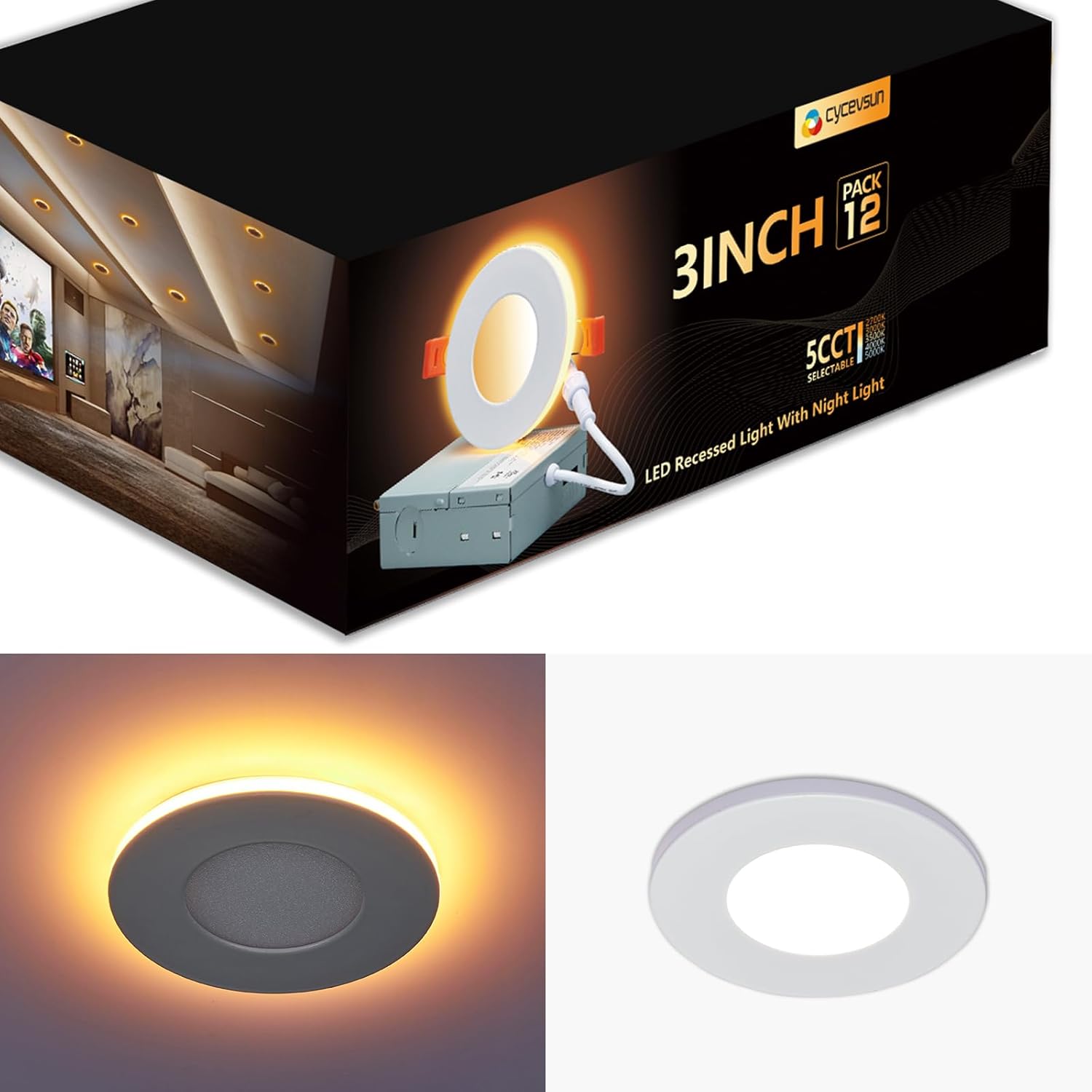 CycevSun 3 Inch Recessed LED Lights with Night Light, Dimmable & 5CCT Selectable Canless Outdoor Soffit Wafer Downlight, 6W, ETL, IC Rated, 12 Pack