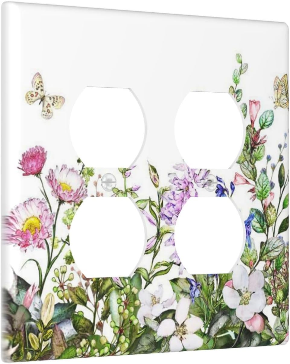 Decorative Outlet Covers Rustic Green Leaf Pink Flowers Butterfly 2 Gang Wall Plate Cover Double Duplex Receptacle Two Switch Light Switch Cover Plate Jumbo Faceplate for Home Decor