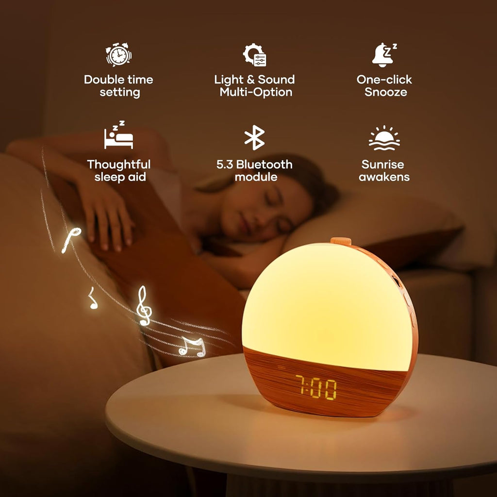 Stillstorm Sunrise Alarm Clock, Sound Machine, Wood Grain Dimmable Night Light for Heavy Sleepers, White Noise Machine for Baby, Dual Alarm Function 30 Sleep Sounds, Wake Up Light with 17 Effects