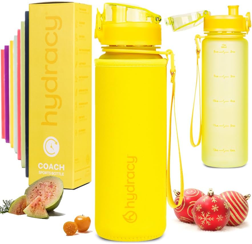 Hydracy Water Bottle with Time Marker -Large BPA Free Water Bottle & No Sweat Sleeve -Leak Proof Gym Bottle with Fruit Infuser Strainer & Times to Drink -Ideal for Fitness Sports & Outdoors