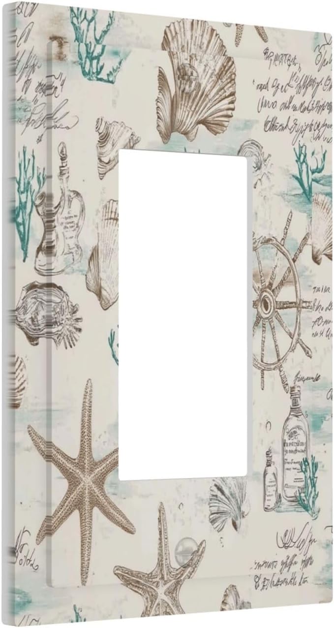 Mid Century Seashells Starfish Compass Decorative Outlet Covers 1 Gang Single Rocker Light Switch Cover Plate Wall Plates Gfci Faceplate For Nursery Kids Room Decor
