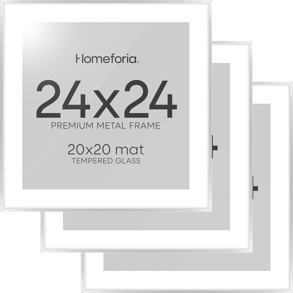 Homeforia 24x24 Silver Picture Frame, High End Metal 24 x 24 Large Square Silver Frames with Mat 20 by 20 inch Photo, 24by24 Thin Poster Frame Matted to 20x20 Print, Tempered Glass, Wall Kit, Set of 3
