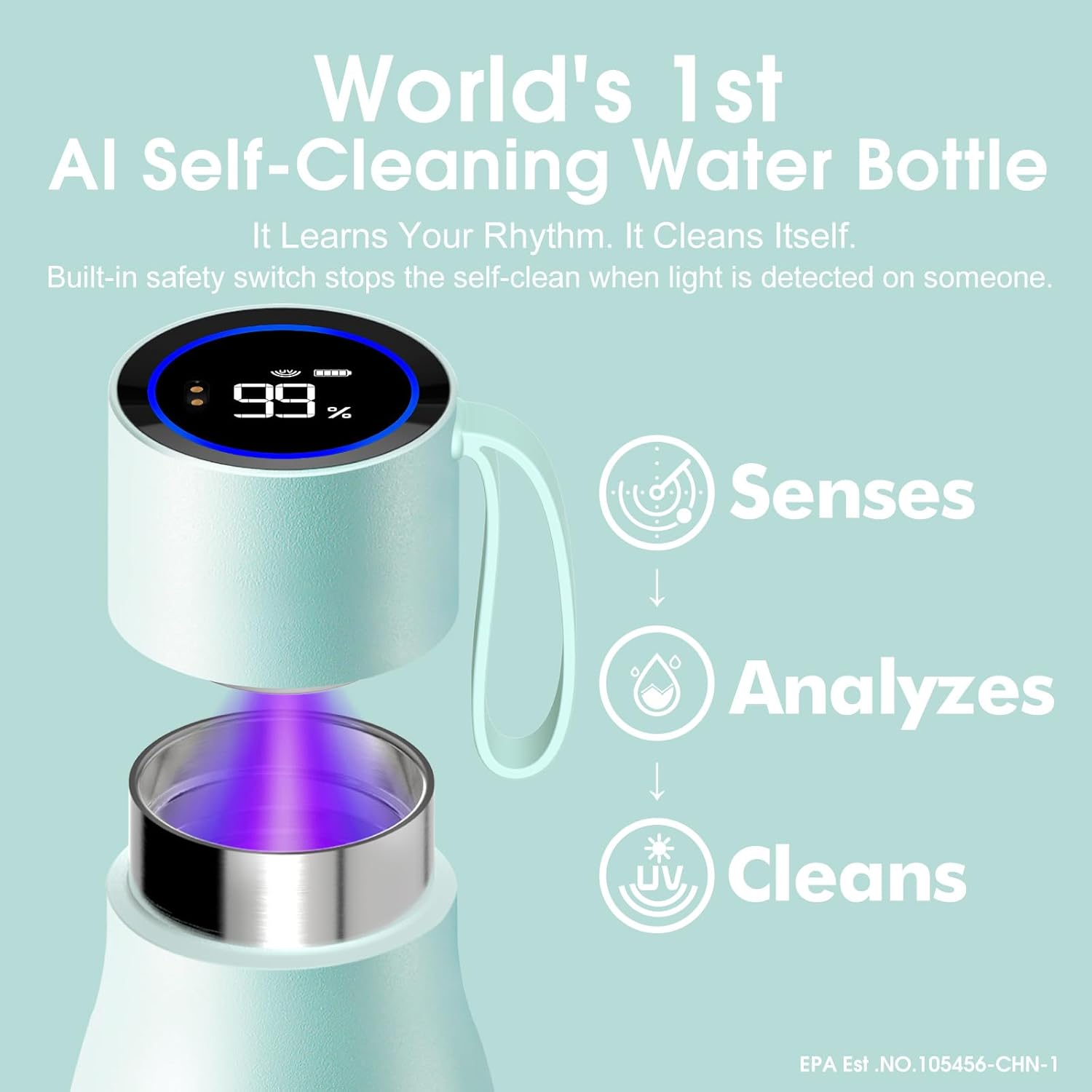 VSITOO 15oz Smart Self Cleaning Water Bottle，Insulated Water Bottle with Stainless Steel, BPA-Free, AI Self-Clean, 30-Day Battery, Magnetic Charging for Travel, Gym or Office, Blue