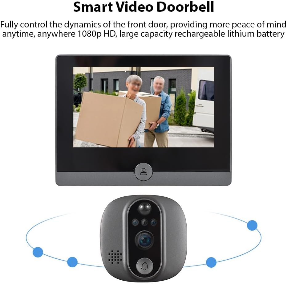 WiFi 1080P Video Doorbell Camera, 2.4GHz Peephole Camera Door Viewer with 4.3inch LCD Display, 120 Degree View Angle, Night Vision, Motion Detection, 2-Way Audio, Rechargeable Battery