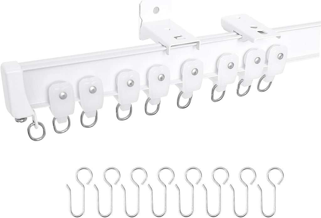 Aluminum Ceiling Curtain Track Set with Hooks Ceiling Mount and Wall Mount Room Divider Sliding Curtain Tracks Rods Flexible Heavy Duty Curtain Rail Hook Sets,White,24FT