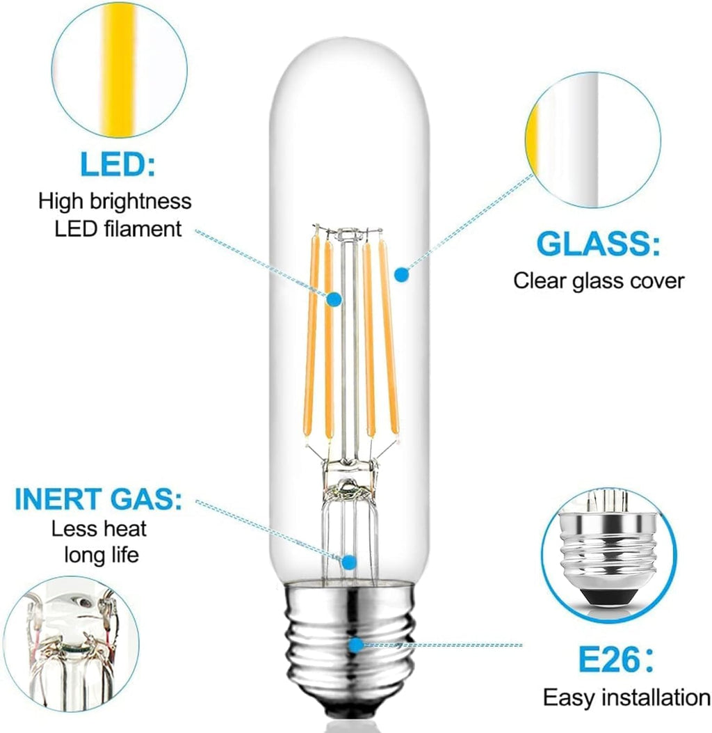 5 Inch Edison Bulb, 5000K Daylight White E26 Led Bulb 6W Dimmable, 800LM T10 T9 Clear Glass Tubular Light Bulbs, AC 120V Equal 80 Watt Bulbs for Chandelier Pendant Wall Light - 4Pack