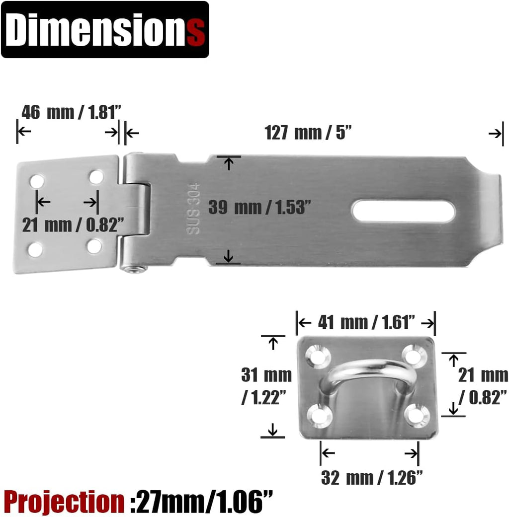 JQK Door Hasp Latch Lock, 5 Inch 304 Stainless Steel Safety Packlock Clasp Thickness 1.9 mm, Brushed Steel, DL130-BN