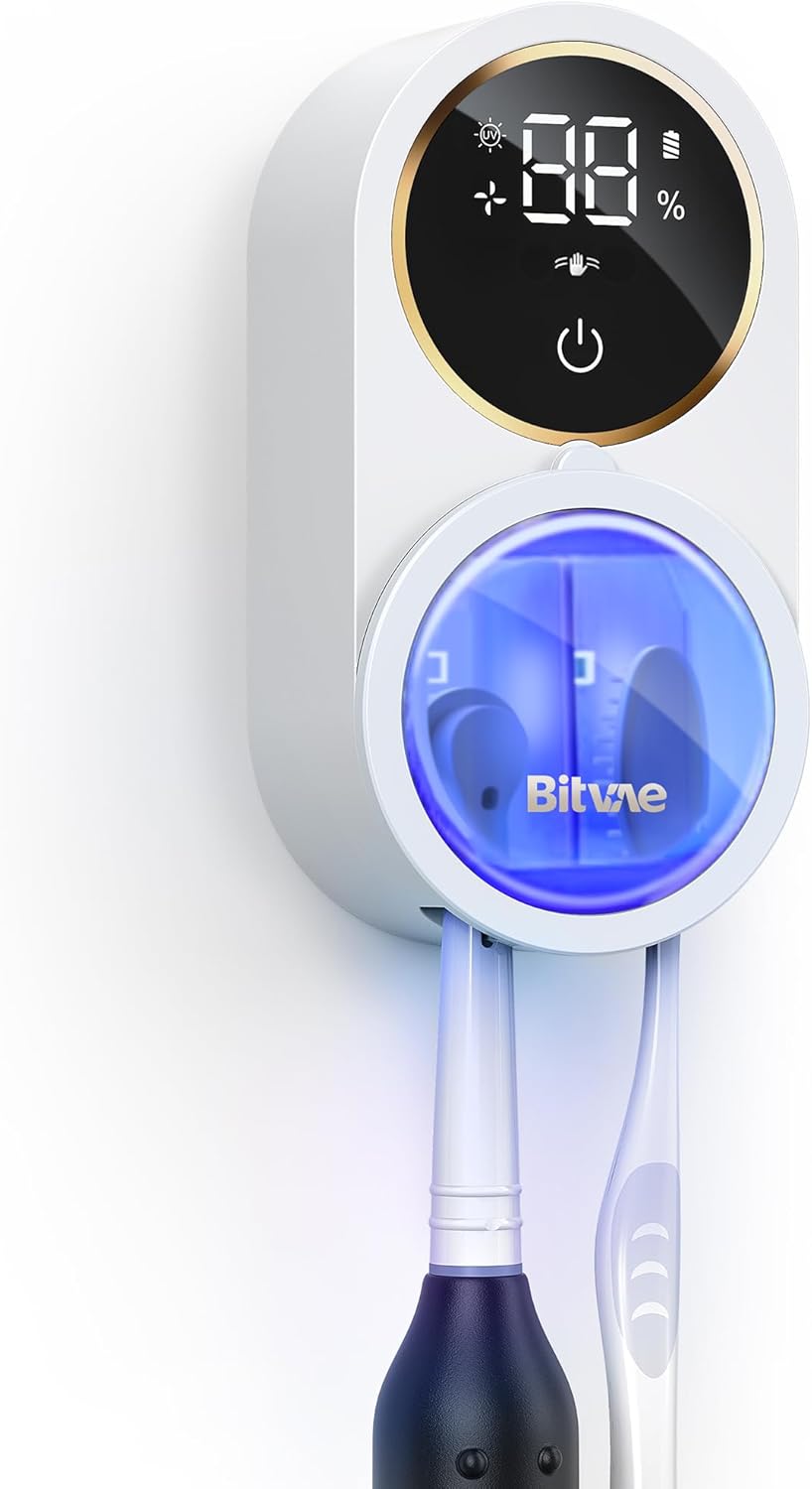 Bitvae Tooth Brush Holder for Bathroom, Infrared Sensing Toothbrush Cleaner, Wall-Mounted for Most Size Toothbrushes, Air Drying, LED Smart Screen, White Gold Trim