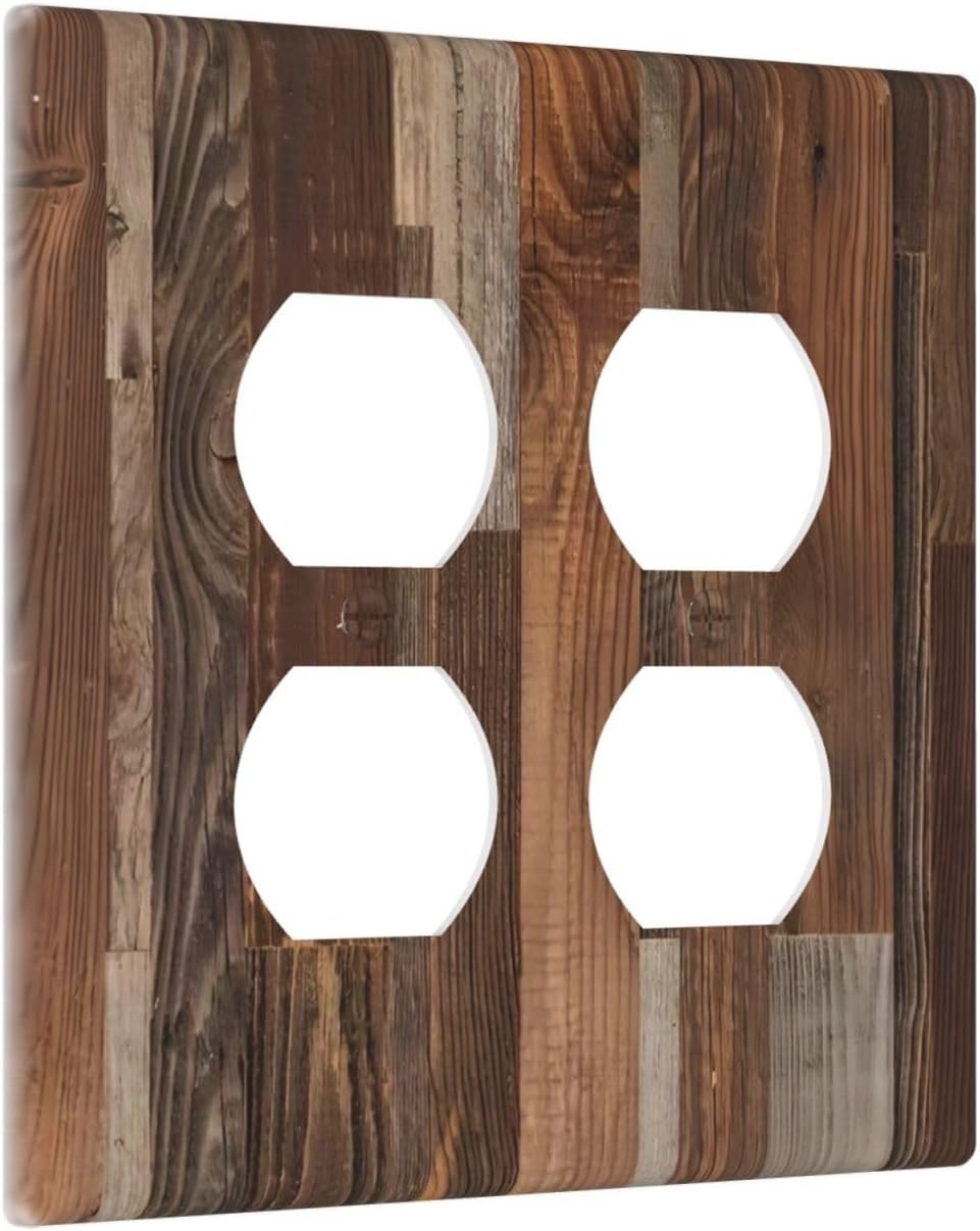 Vintage Brown Wooden Boards Print Wood Grain Outlet Covers 2 Gang Double Duplex Decorative Light Switch Covers Electrical Wallplates Socket Faceplate for Farmhouse Home Decor