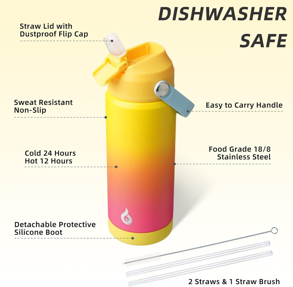 BJPKPK Insulated Water Bottle with Straw Lid, 18oz Thermo Water Bottles with Soft Nozzle, Flex Handle & Non-slip Boot, BPA Free Leak Proof Stainless Steel Metal Thermo, Tumblers, Cups,Rainbow