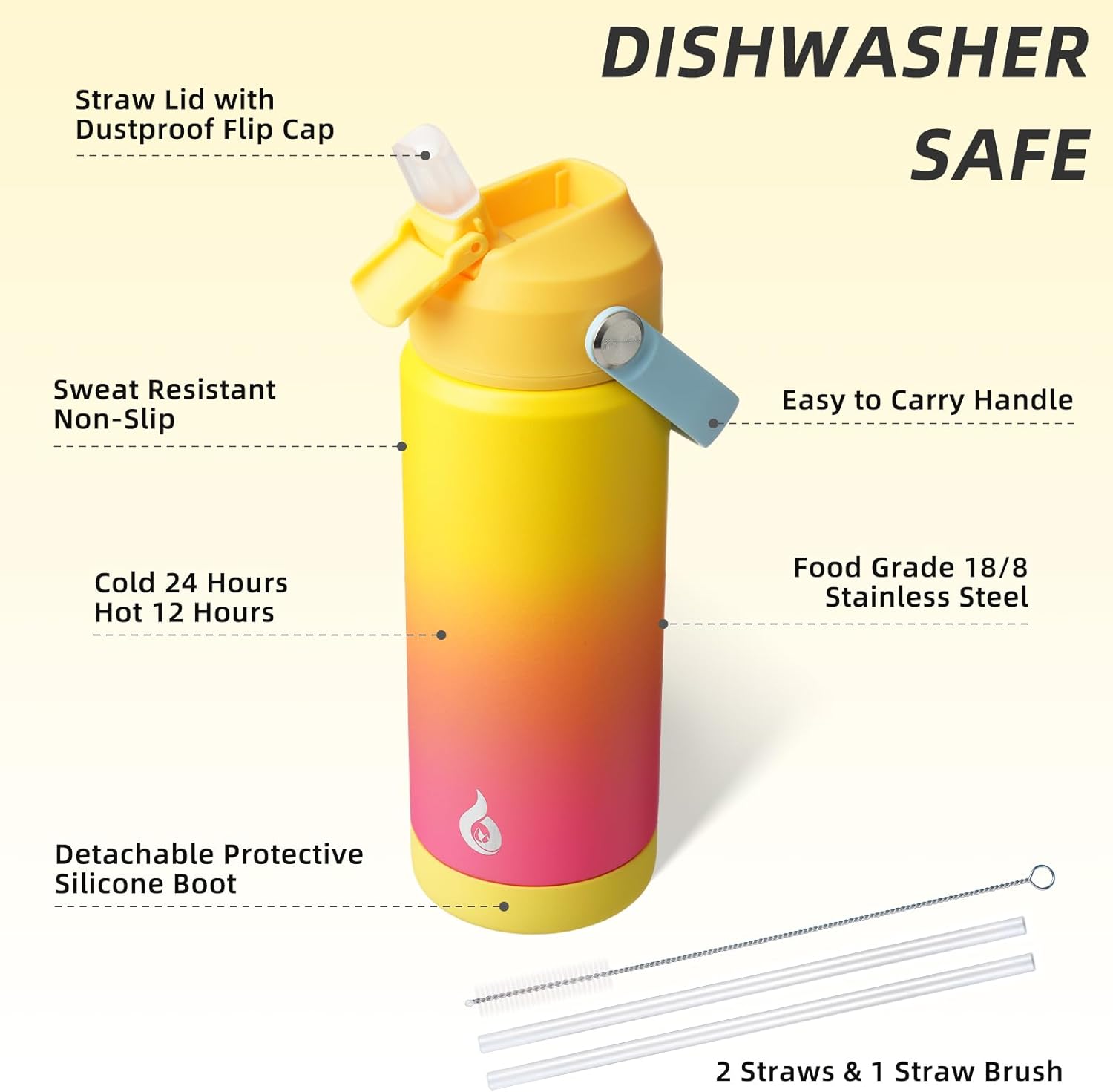 BJPKPK Insulated Water Bottle with Straw Lid, 18oz Thermo Water Bottles with Soft Nozzle, Flex Handle & Non-slip Boot, BPA Free Leak Proof Stainless Steel Metal Thermo, Tumblers, Cups,Rainbow