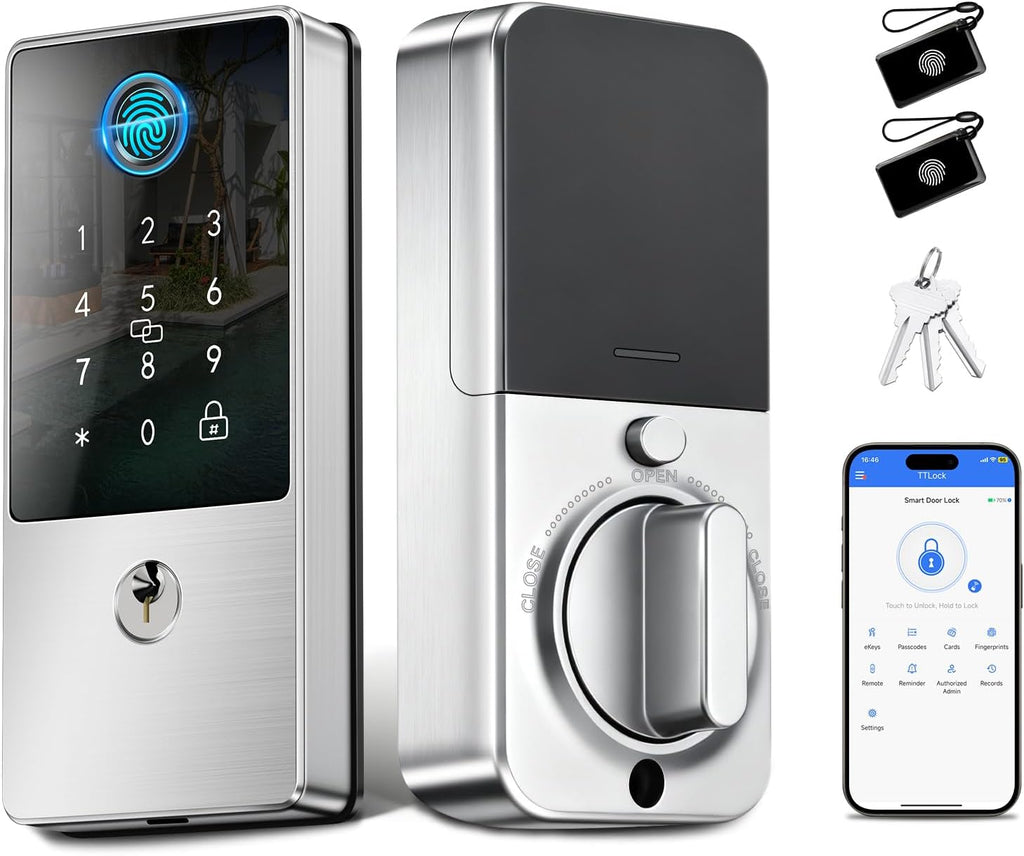 Smart Lock, Upgrade Keyless Entry Deadbolt Smart Lock with Keypad, Fingerprint Door Lock, Smart Locks for Interior Front Door, Biometric Digital Door Lock with Code App Control and Auto Lock(Silver)