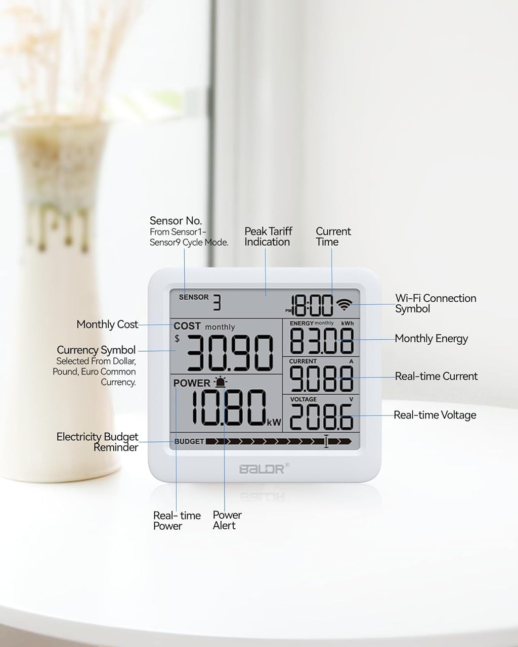 BALDR Wi-Fi Home Power Monitor Consumption Watt Meter w/Smart Socket - Electric Meter w/Tariffs & Budget Alerts, Power Meter Home Energy Monitor, Electricity Usage Monitor Smart- 2.4GHZ Network Only