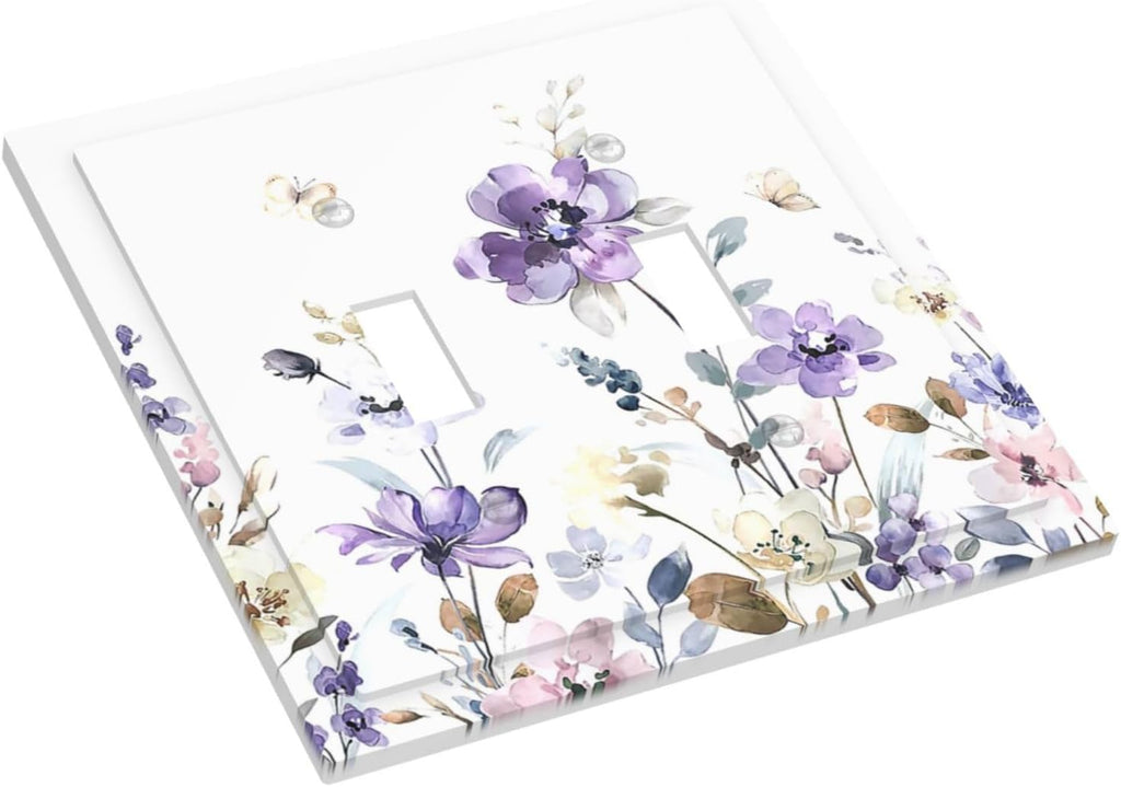 Decorative Switch Plates Purple Floral Lilac Watercolor Flower Leaves Butterfly Wildflower 2 Gang Double Toggle Wall Plate Outlet Light Switch Cover Electrical Faceplate for Bedroom Home Decor
